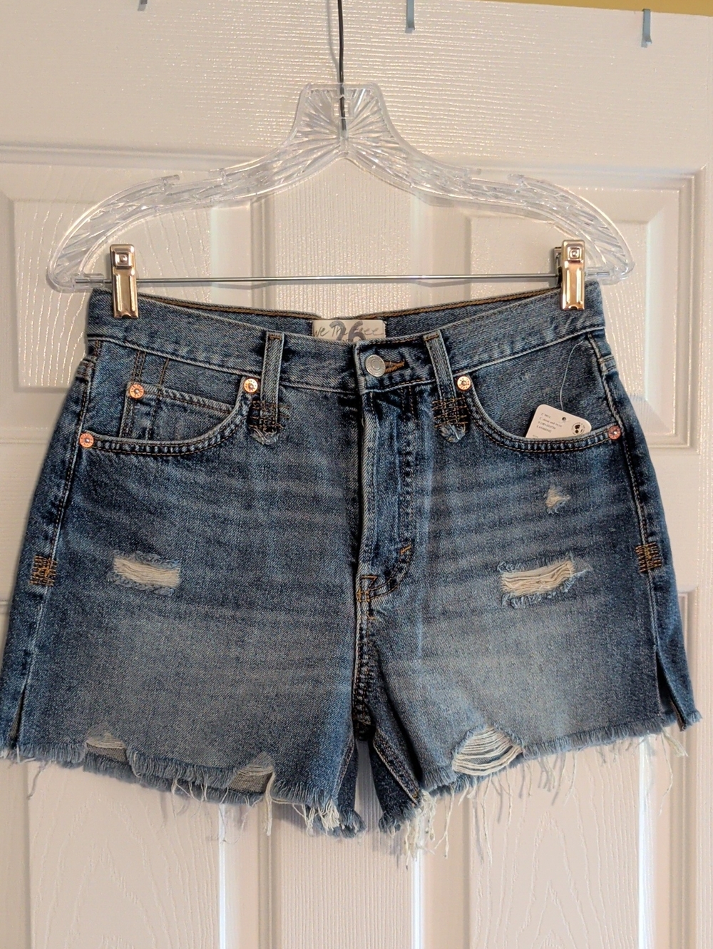 Free People Distressed Medium Blue Denim Cutoff Shorts